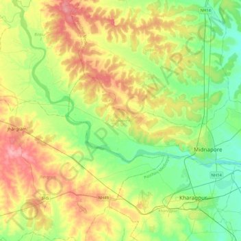Mapa topográfico Midnapore, altitud, relieve
