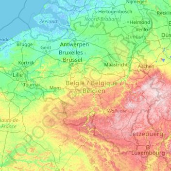 Mapa topográfico Belgium, altitud, relieve
