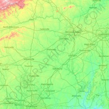 Mapa topográfico Yadkin River, altitud, relieve