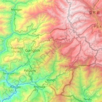 Mapa topográfico Gangtok district, altitud, relieve