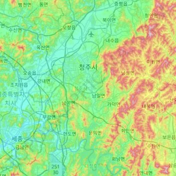 Mapa topográfico Cheongju-si, altitud, relieve