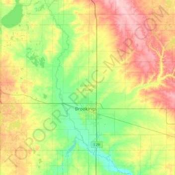 Mapa topográfico Brookings County, altitud, relieve