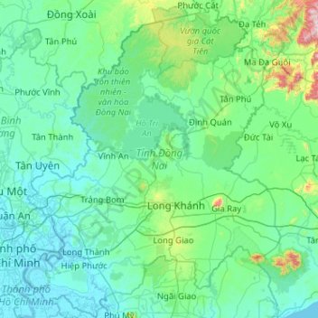 Mapa topográfico Đồng Nai Province, altitud, relieve