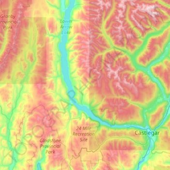 Mapa topográfico Area J (Lower Arrow/Columbia), altitud, relieve