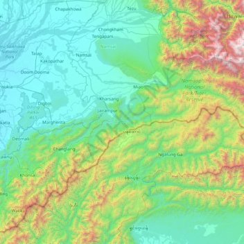 Mapa topográfico Changlang, altitud, relieve