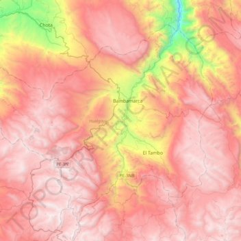 Mapa topográfico Hualgayoc, altitud, relieve