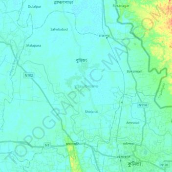 Mapa topográfico Burichang Upazila, altitud, relieve