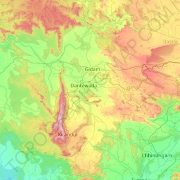 Mapa topográfico Dantewada, altitud, relieve