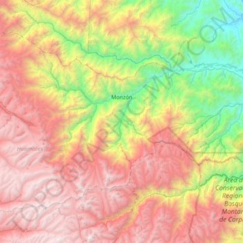 Mapa topográfico Monzón, altitud, relieve