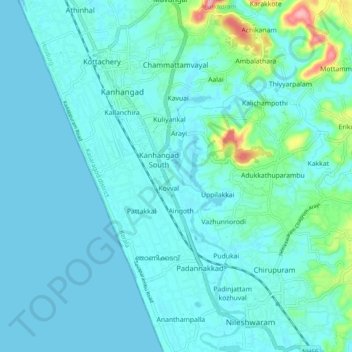 Mapa topográfico Kanhangad, altitud, relieve