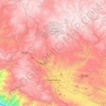 Mapa topográfico Cajamarca, altitud, relieve
