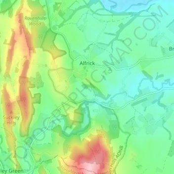 Mapa topográfico Alfrick, altitud, relieve