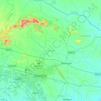 Mapa topográfico Dhanbad, altitud, relieve
