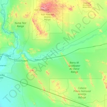 Mapa topográfico Yuma County, altitud, relieve