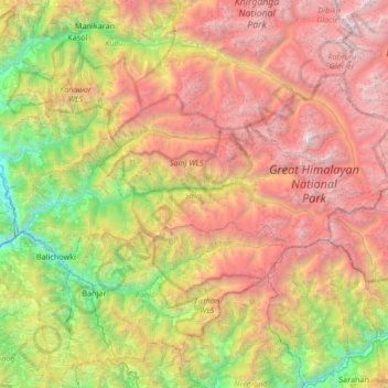 Mapa topográfico Sainj, altitud, relieve