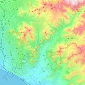 Mapa topográfico Pachacámac, altitud, relieve