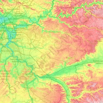 Mapa topográfico Sena y Marne, altitud, relieve