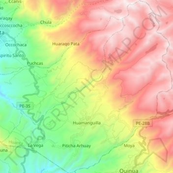 Mapa topográfico Huamanguilla, altitud, relieve