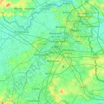 Mapa topográfico Lille, altitud, relieve