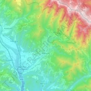 Mapa topográfico Bagnone, altitud, relieve