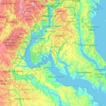 Mapa topográfico Lower Potomac River, altitud, relieve
