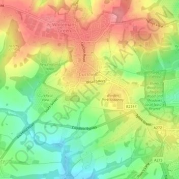 Mapa topográfico Cuckfield, altitud, relieve