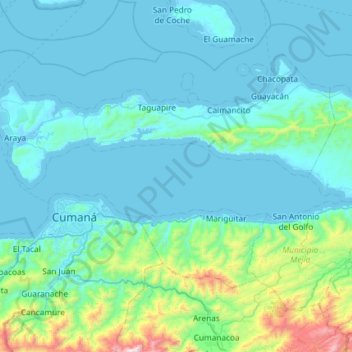 Mapa topográfico Golfo de Cariaco, altitud, relieve