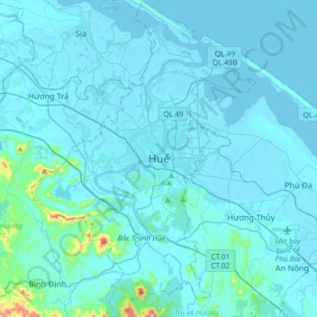 Mapa topográfico Hue City, altitud, relieve