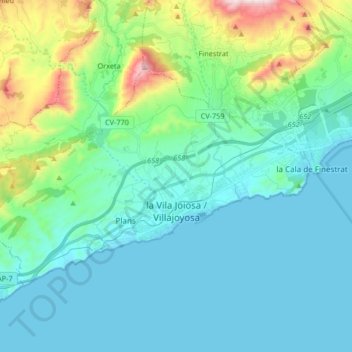 Mapa topográfico Villajoyosa, altitud, relieve