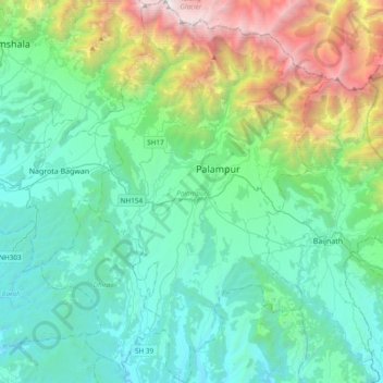 Mapa topográfico Palampur, altitud, relieve