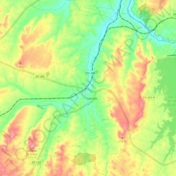 Mapa topográfico Garvão, altitud, relieve