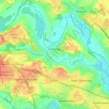 Mapa topográfico Costessey, altitud, relieve