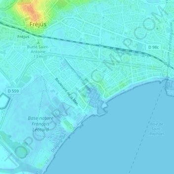 Mapa topográfico Port Fréjus, altitud, relieve