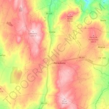 Mapa topográfico Penedono e Granja, altitud, relieve