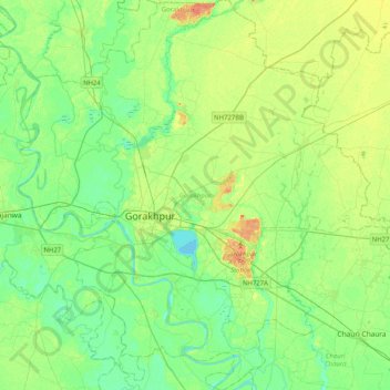 Mapa topográfico Gorakhpur, altitud, relieve