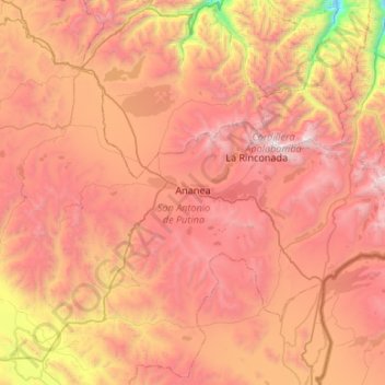 Mapa topográfico Ananea, altitud, relieve