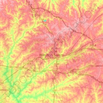 Mapa topográfico Winston-Salem, altitud, relieve