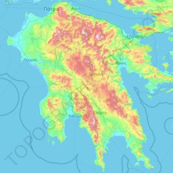 Mapa topográfico Peloponnese, altitud, relieve