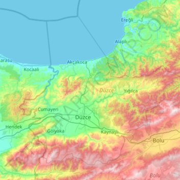 Mapa topográfico Düzce, altitud, relieve