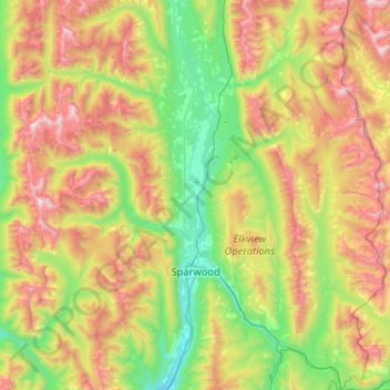 Mapa topográfico Sparwood, altitud, relieve