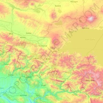 Mapa topográfico Bitlis, altitud, relieve