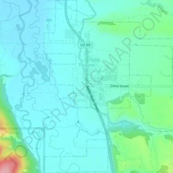 Mapa topográfico Thayne, altitud, relieve
