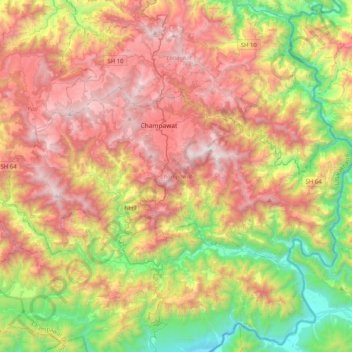 Mapa topográfico Champawat, altitud, relieve