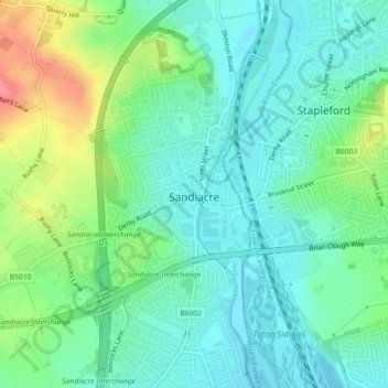 Mapa topográfico Sandiacre, altitud, relieve