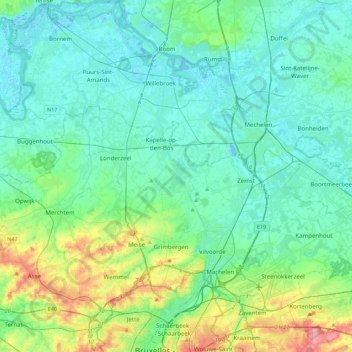 Mapa topográfico Brussels–Scheldt Maritime Canal, altitud, relieve