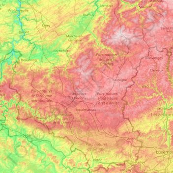 Mapa topográfico Luxembourg, altitud, relieve