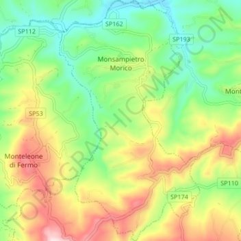 Mapa topográfico Monsampietro Morico, altitud, relieve