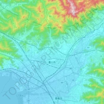 Mapa topográfico Toyokawa, altitud, relieve