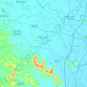 Mapa topográfico Triệu Sơn District, altitud, relieve