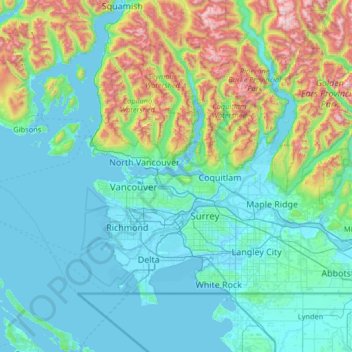 Mapa topográfico Metro Vancouver Regional District, altitud, relieve